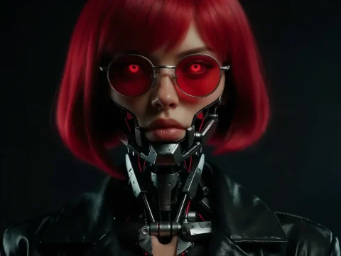 Red-haired Cyborg Woman Prompt — Stable Diffusion AI Prompt: 🤖 red-haired cyborg woman with glowing red eyes and mechanical neck black leath...