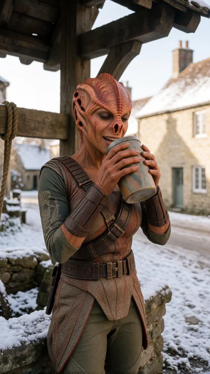 Tmrnfml Alien Woman, Chest-up, Eye-level, Sipping From Conta...