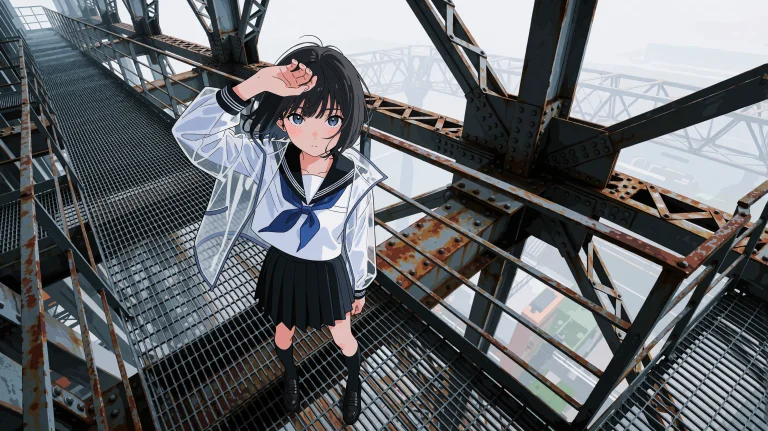A High-angle Full-body View Looks Down At A Girl With Short...