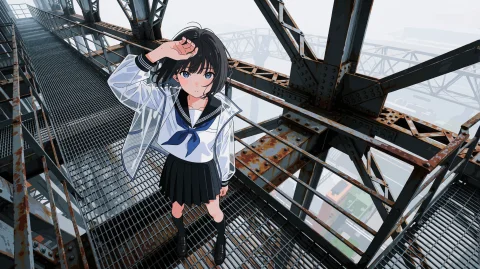 AI Art Prompt: Metal Structure Girl — Stable Diffusion AI Prompt: A high-angle full-body view looks down at a girl with short black hair and blue...