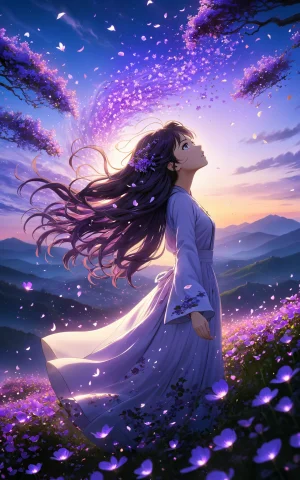 3d Anime Art, Young Woman On A Hill Covered In Luminescent P... — SDXL AI Prompt: 3D anime art, young woman on a hill covered in luminescent purple flowers, wind...