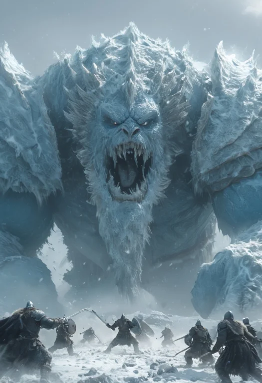A Group Of Viking Warriors Is Battling A Colossal Frost Gian...