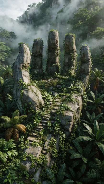 132. Overgrown Brutalist Ruins, Colossal Concrete Hand, Lush...