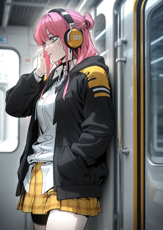 1girl, Solo, Listening To Headphones, Touching The Ear Cup,...