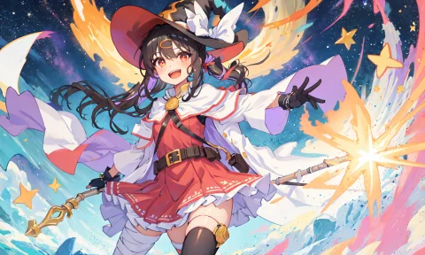 Magical Witch Standing on Liquid in Aurora — Stable Diffusion AI Prompt: 1girl, asymmetrical legwear, aurora, bandaged arm, bandaged leg, bandages, belt,...