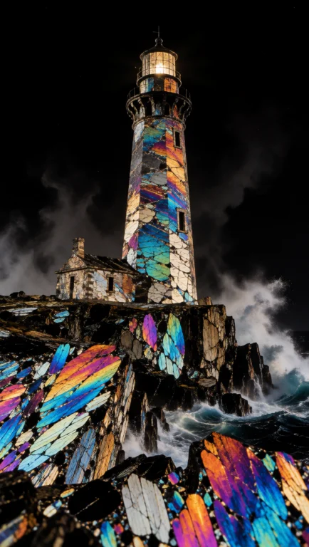 A Towering Ancient Lighthouse Standing On A Jagged Island Du...