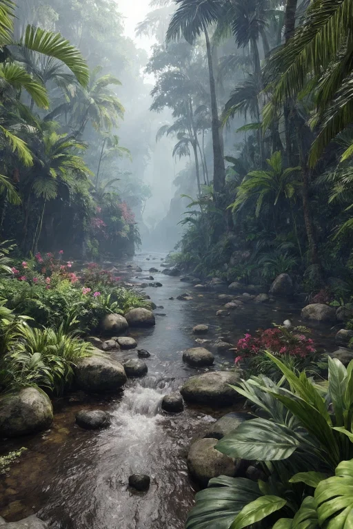 Unreal Engine 5 Render, Jungle, River, Flowers, Extremely De...