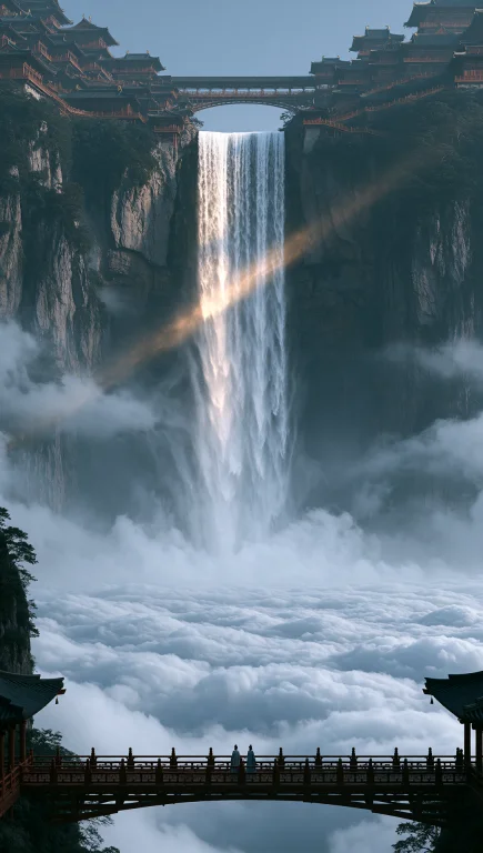 A Waterfall Pouring Out Of An Immortal Palace Into The Cloud...