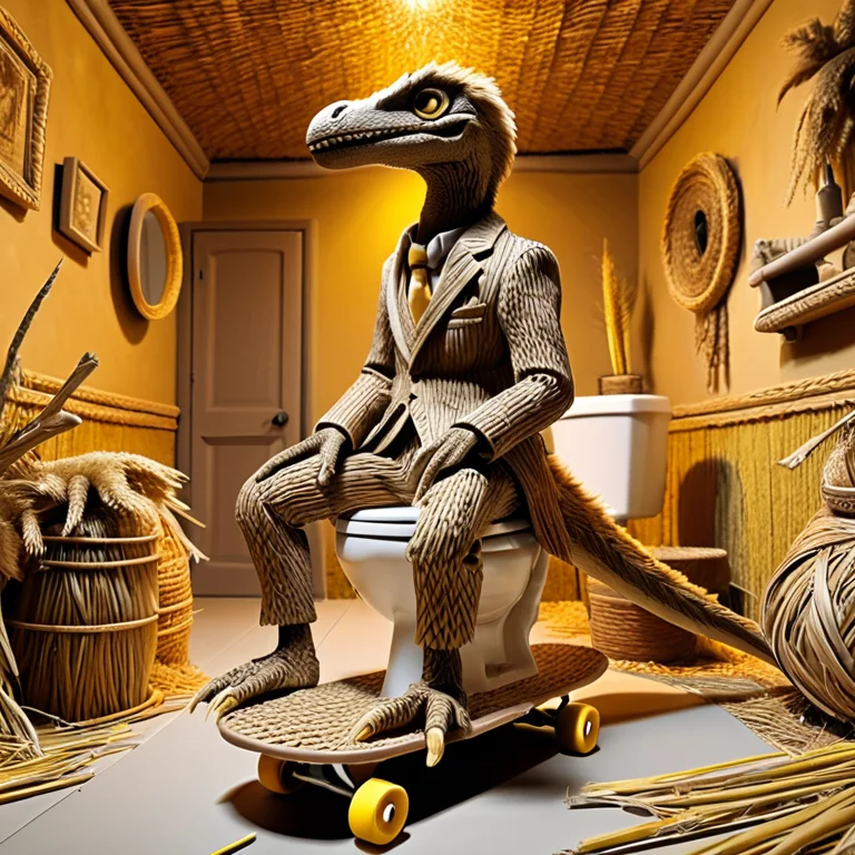 A Velociraptor In An Ornate Suit Perched On A Toilet Mounted...