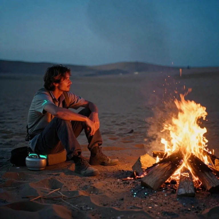 A Traveler Resting Beside A Desert Campfire, Film Photograph...