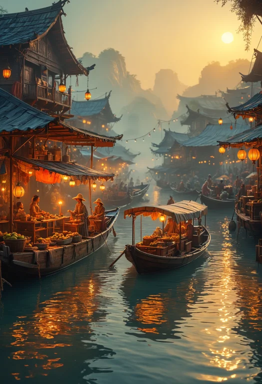 Floating Market On Venus At Dawn, Masterpiece, Fantasy, Digi...