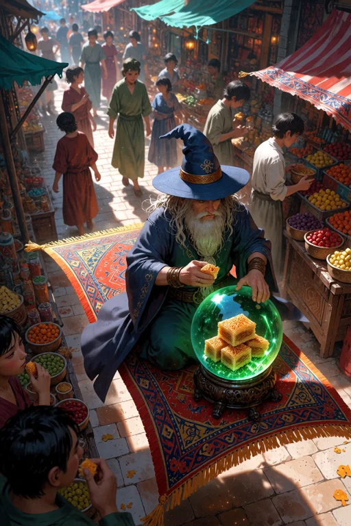 , Wizard Riding A Flying Carpet Through A Busy Marketplace B...