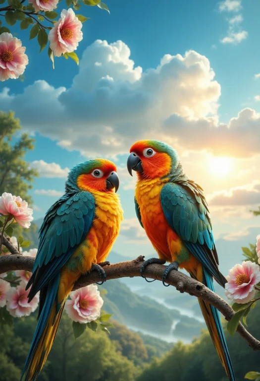 Close-up 2 Parakeets On A Flowering Tree Branch, Background...