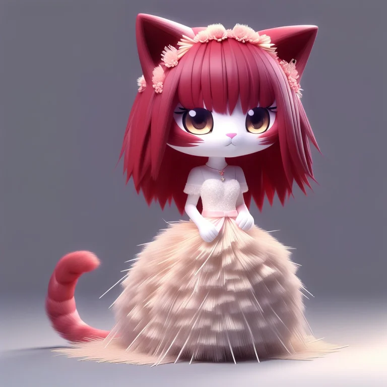 A 3d Chibi Anime Red Hair Cat Girl Wear Straw Wedding Dresse...