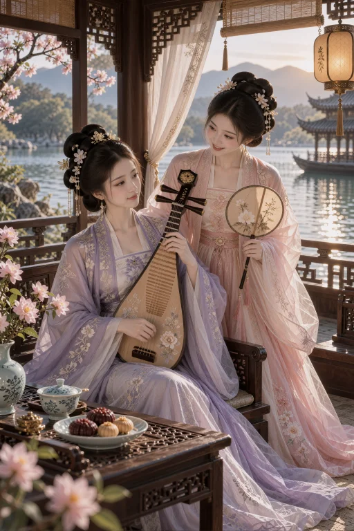 古装，临水亭阁内，两名年轻中国女子一坐一站共同演奏和赏乐。左...