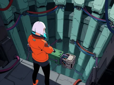 White-haired Woman In Orange Jacket Working On Machinery Wit... — Stable Diffusion AI Prompt: 🔧 white-haired woman in orange jacket working on machinery with cables anime st...