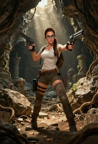 Lara Croft Mysterious Cavern Art — Stable Diffusion AI Prompt: Lara Croft ventures deep into a mysterious cavern, armed with her signature twin...