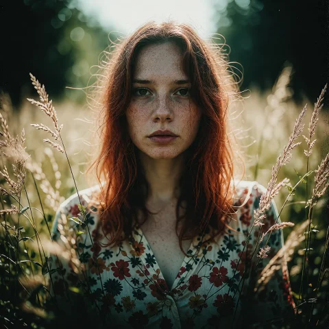 A Young Woman Standing In A Field Of Tall Grass, Wearing A C... — Stable Diffusion AI Prompt: A young woman standing in a field of tall grass, wearing a colorful floral dress...