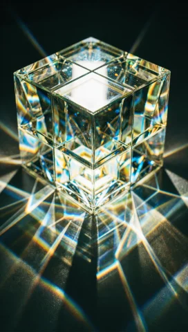 Transparent Cube Made Of Multiple Glass Compartments Filled... — Stable Diffusion AI Prompt: transparent cube made of multiple glass compartments filled with colored element...