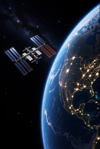 The International Space Station, A Complex Modular Spacecraf... — Stable Diffusion AI Prompt: The International Space Station, a complex modular spacecraft with long, rectang...