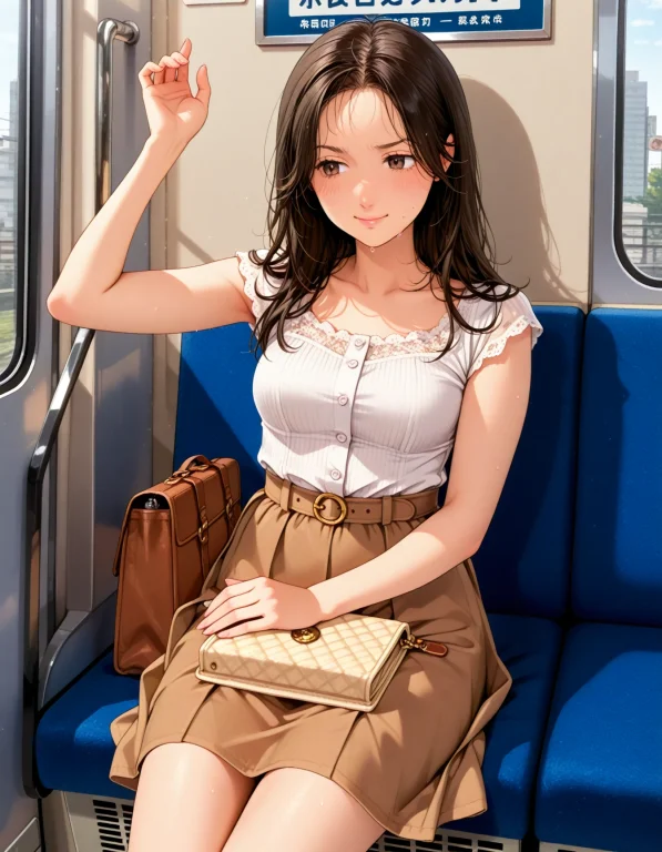 1girl, Full Body, Sitting On Seat Of Train, Mole, Black Hair...
