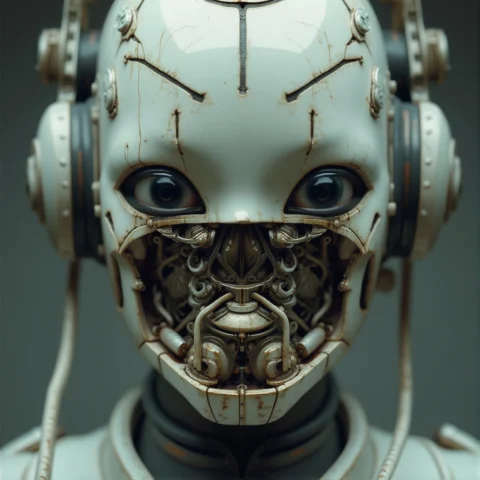 Geisha0.9 Android Robot Face2.2,white Ceramic Material,many... — FLUX AI Prompt: (geisha::0.9) (android robot face::2.2),white ceramic material,many mechanical d...