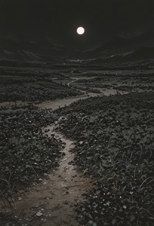 Mountains, Valley Full Of Black Flower, Moon, Death Prescens...