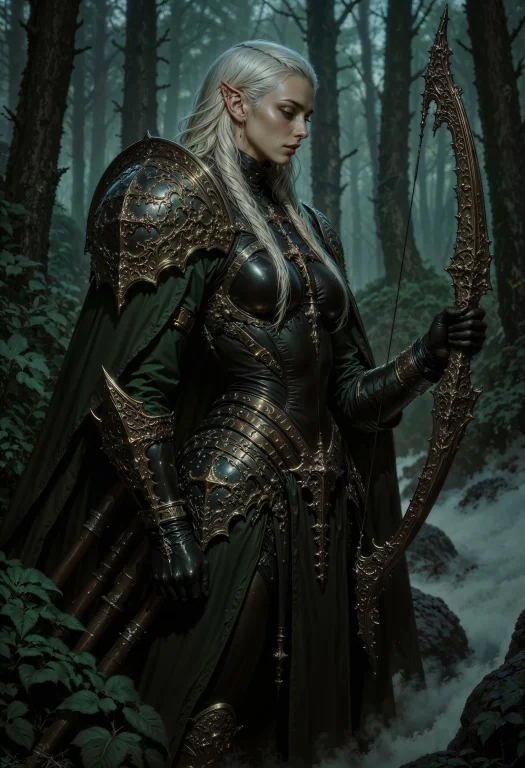 A Highly Detailed Image Of An Elf Archer Standing In A Dense...