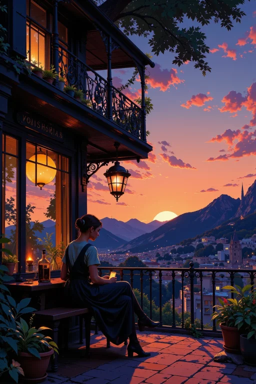 Bohemian Cafe Beautiful Landscape, Dusk, Woman, Very Intrica...