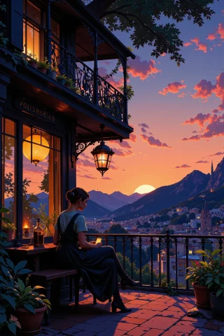 Bohemian Cafe Beautiful Landscape, Dusk, Woman, Very Intrica... — Stable Diffusion AI Prompt: bohemian cafe beautiful landscape, dusk, woman, very intricate, very detailed, s...