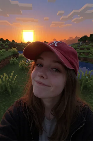 Casual Selfie in Minecraft — Stable Diffusion AI Prompt: A casual selfie of a young woman leaning into the frame with a soft amused smile...