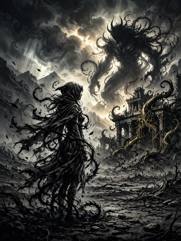 A Lone Female Wanderer Standing In A Vast, Desolate Wastelan...