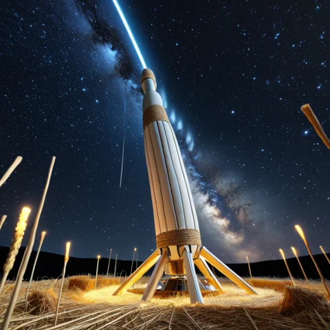 Woven Interstellar Space Launch — SDXL AI Prompt: a sleek interstellar spaceship launching from a pad into a starry sky, exhaust p...