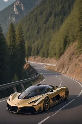 Lorametroplex Metropolis0.0,asdxohnxs. City Streetscape,, A... — SDXL AI Prompt: ,asdxohnxs. city streetscape,, a gold hypercar driving down a road next to a for...