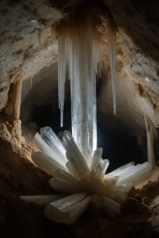 18. Deep Cave Formation With Crystal Stalactites, Naica Mine... — Stable Diffusion AI Prompt: 18. Deep cave formation with crystal stalactites, Naica Mine Mexico, selenite cr...