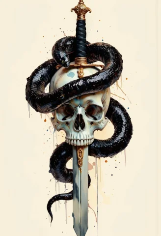 Busyshiny Style Watercolor Painting Of A Sword Stabbed Into... — FLUX AI Prompt: BusyShiny style watercolor painting of a sword stabbed into a skull. A large bla...