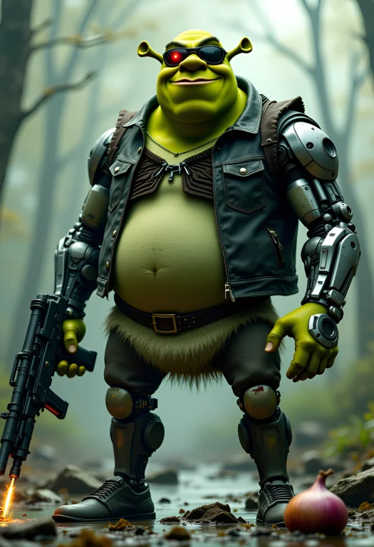 Shrek As The Terminator, Standing In A Post-apocalyptic Swam...