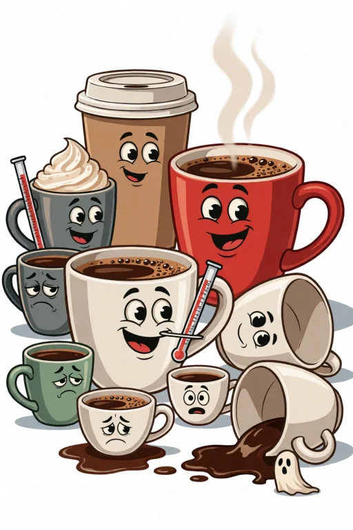 Midjourney A Cartoon Illustration Of Ten Anthropomorphic Cof...
