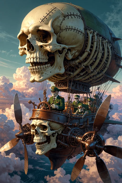 , Boneswm, A Steampunk Airship Floating Above Clouds With A...