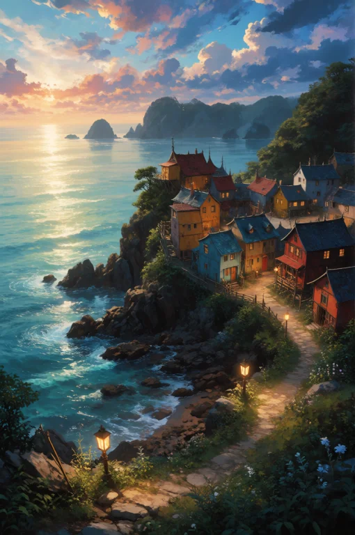 Darkfantasy, Digital Painting, Quiet Coastal Village Built O...