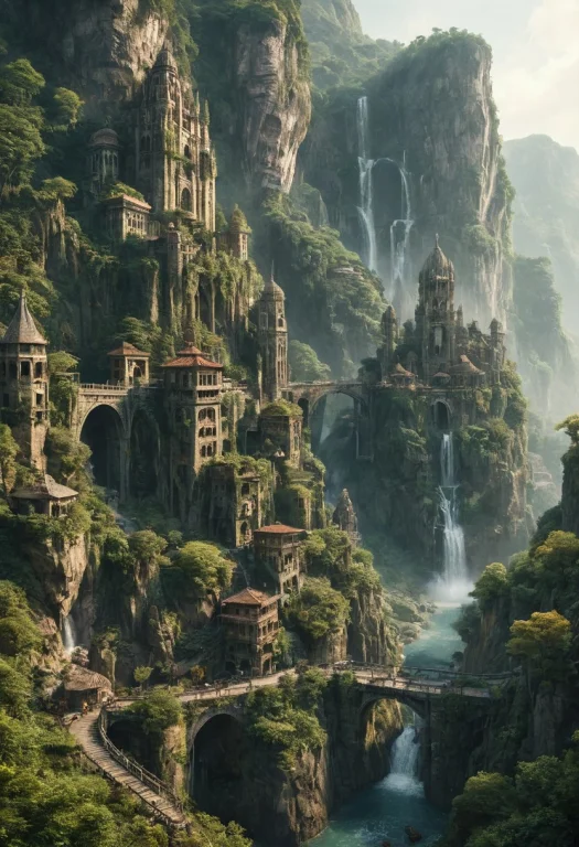 A Grand, Majestic Fantasy City Carved Into A Mountainside Wi...