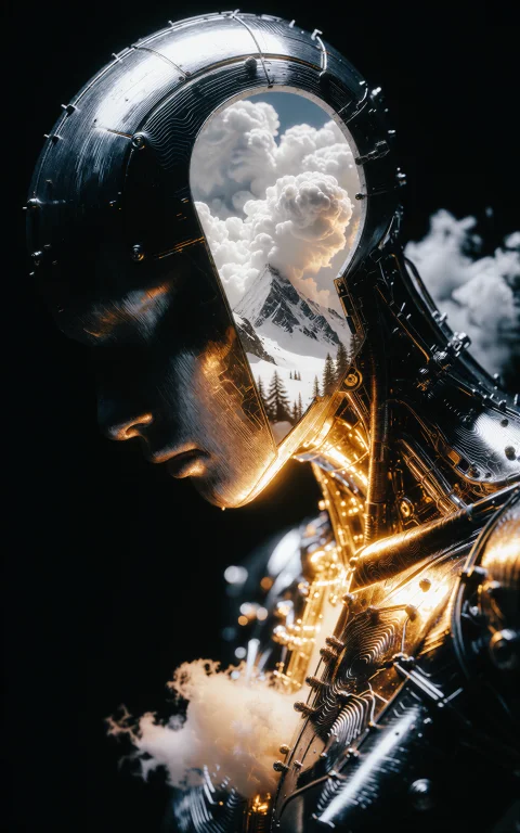 A Profile Shot Of A Dark Metallic Humanoid Figure Bowed In D...