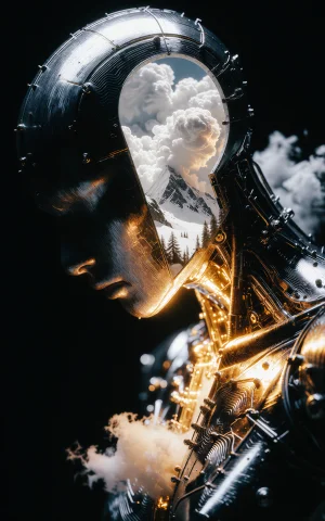 A Profile Shot Of A Dark Metallic Humanoid Figure Bowed In D... — Stable Diffusion AI Prompt: A profile shot of a dark metallic humanoid figure bowed in deep contemplation ag...