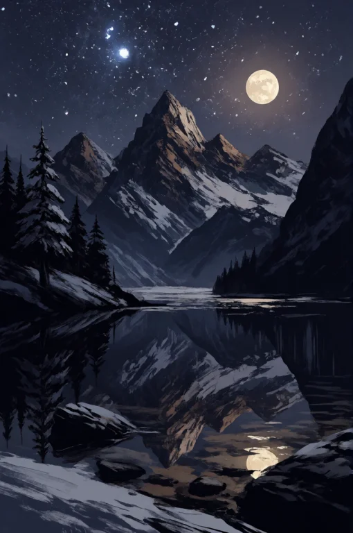 Darkgrimoil Style, Digital Painting, Moonlit Alpine Lake, Pe...