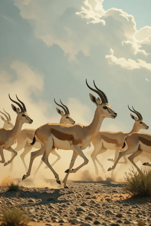 Nature, A Herd Of Sand Gazelles Reem Running Across A Gravel...