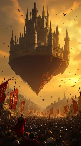 Image Is A Digital Fantasy Artwork Depicting A Dramatic Scen... — FLUX AI Prompt: Image is a digital fantasy artwork depicting a dramatic scene with a large, floa...