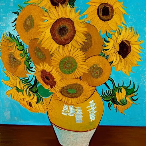A Vase Of Sunflowers On A Wooden Table, Thick Brushstrokes,...