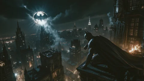 Retrofuturism Style. A Dark And Cinematic Portrait Of Batman... — Stable Diffusion AI Prompt: Retrofuturism style. A dark and cinematic portrait of Batman crouching on one kn...