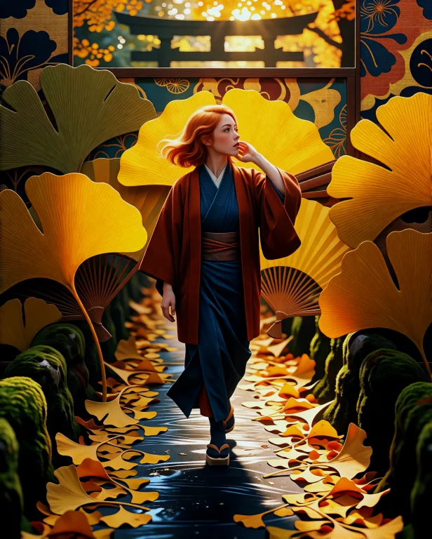 A Ginger Woman Walks A Path Of Fallen Ginkgo, Copper Hair Pr...