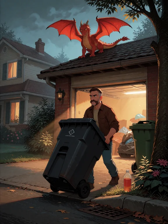 A Suburban Driveway On Trash Day, A Man Rolling A Bin To The...